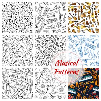 Musical instruments seamless patterns. Sketch clef music notes stave with harp, trumpet, guitar and violin, contrabass and piano, maracas, saxophone, cymbals on jembe drums, russian balalaika. Vector 