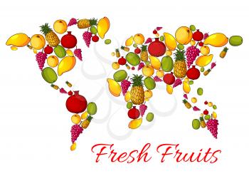 Fruits combined in world map shape with continents of ripe fruit harvest. Vector fresh apple, apricot and peach, tropical sweet mango and exotic kiwi with pineapple, red grape and juicy pomegranate
