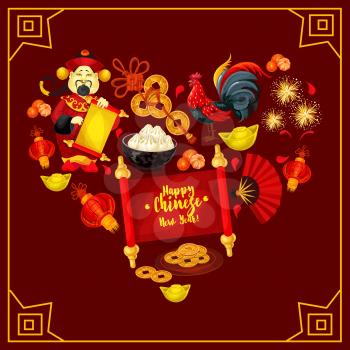 Heart with Chinese New Year traditional symbols. Rooster, red paper lantern, golden coin, god of wealth with paper scroll, mandarin orange, gold ingot, firework and dumplings for greeting card design