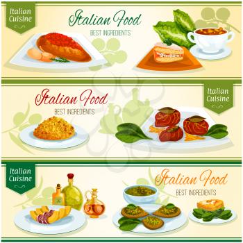 Italian cuisine lunch with dessert banner set. Chicken with tomato sauce, basil pesto sauce, risotto, fruit cake cassata, tuscan bean soup, spinach omelette, beef chop, baked pumpkin with bacon
