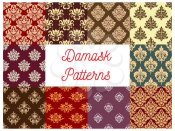 Damask ornament seamless pattern set. Baroque floral background with ornate flowers, leaves and victorian flourishes. Vintage embellishment, wallpaper and fabric design