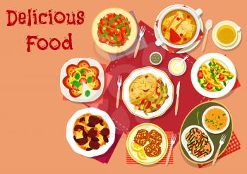 Popular dishes for lunch icon of beef stew with prune, zucchini egg casserole with bread, tomato, turkey with green bean, vegetable snack, fish soup, grilled vegetable and mushroom, omelette pancake