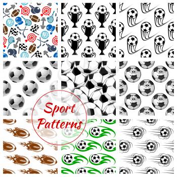 Sport patterns of soccer and rugby balls and sports gaming items of volleyball and basketball, bowling and tennis rackets, ice skates, darts and hockey puck with clubs, fitness dumbbells and checkered