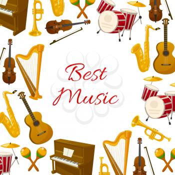 Musical instruments poster of acoustic guitar and violin with bow, orchestra harp and piano, maracas, saxophone or sax and cymbals on drum station, jazz trumpet and flute. Vector round poster design