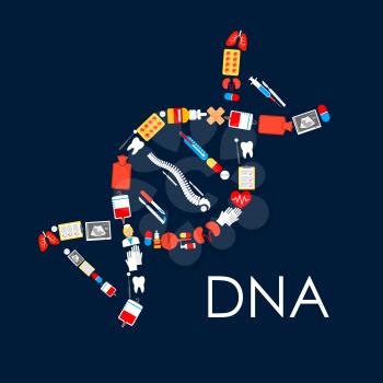 Medications and medicine items in shape of genetics DNA helix chain. Vector poster of drugs and pills capsules, human spine and kidney with lungs organs, ultrasonography, blood dropper, tooth, heart p