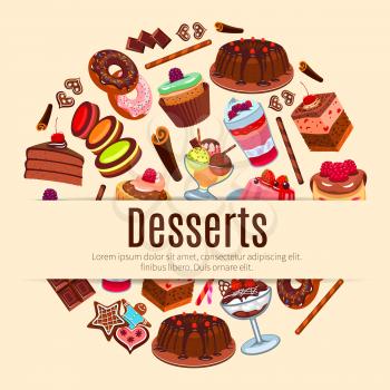 Pastry, bakery and patisserie shop poster with sweet desserts, fruit cakes and berry cupcakes, chocolate muffin and vanilla pudding, creamy pie, honey waffles or wafers, biscuits and macaron cookies, 