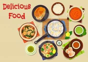 Vietnamese cuisine dishes icon of rice noodle soup with beef, shrimp noodle stir fry, pancake roll with seafood, spring roll with sauce, spinach soup, pumpkin curry, sweet soup with tapioca and banana