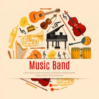 Music Band poster of vector musical instruments and notes. Orchestra harp, contrabass, violin with bow and piano, sax or saxophone and maracas, cymbals on ethnic jembe drums station, jazz trumpet, aco