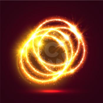 Abstract glowing light rings background. Fire motion effect and bright circle shine backdrop, glitter curvy or swirl line and spiral sparkle flow. Magic or disco, night fire show theme,