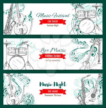 Music or sound, melody with notes audio banner. Treble key and drum kit or trap, saxophone or sax, fiddle with bow and acoustic guitar. Good usage for musical instrument play, jazz entertainment or ro