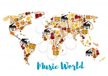 World map made of musical instruments. Acoustic and electric guitar, sax or saxophone, drum kit and lyre, piano and fortepiano, horn and trumpet, flute or fife and treble clef, maraca or rumba shakers