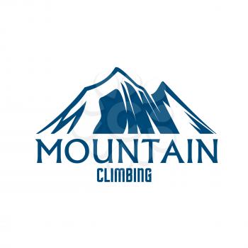 Mountain icon. Vector emblem for mountains climbing sport. Symbol of blue Alpine mount or rock hill snowy peaks. Isolated badge for mountaineering trip adventure, winter nature tourist camping, skiing