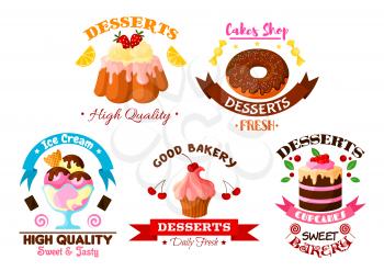 Pastry and dessert sweets vector icons set of fruit cake and cupcake with fruits, fruity ice cream, glazed vanilla tart and donut with chocolate roll pie and pudding with cream and chocolate fondant. 