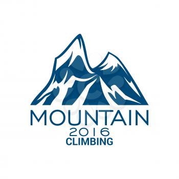 Climbing sport or mountain alpine icon or vector emblem with Alp rocks and snowy peaks. Isolated badge for climb extreme adventure, mountaineering winter nature trip or tourist camping expedition, ski