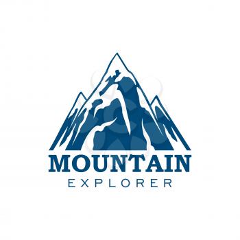 Alpine mountain or rock icon. Vector emblem of blue Alp snow peaks. Isolated badge for alpine climbing extreme sport adventure, mountaineering explorer trip, winter nature trip or tourist camping expe
