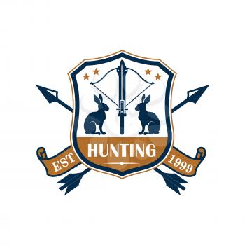 Hunting sport club badge. Rabbit, hare, arrows and crossbow on heraldic shield, decorated by star and ribbon banner with foundation date. Hunting sport design