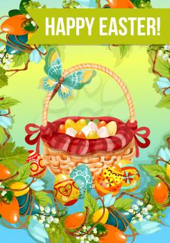 Easter egg hunt cartoon poster. Painted Easter eggs in wicker basket, decorated by red ribbon, flowers of lily and tulip, grapevine leaves and butterfly. Happy Easter floral greeting card design