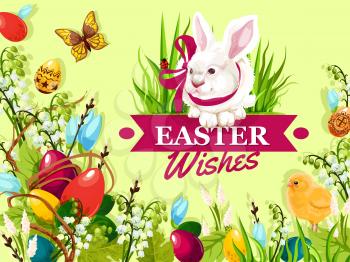 Easter rabbit cartoon greeting card. Coloured Easter eggs in green grass, white bunny with ribbon, chick, lily and tulip flowers, pussy willow tree branches. Easter spring holidays poster design