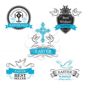 Easter sale icons or label tags for holiday discount or holiday promo shopping templates. Vector symbols set of crucifix cross, dove birds and greeting wishes on ornate blue ribbons