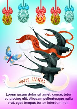 Easter Day spring holidays greeting card. Swallow birds carrying ribbon banner with wishes of Happy Easter cartoon poster, decorated by Easter egg with ribbon bow and butterfly. Egg hunt banner design