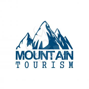 Alpine mountain vector icon of tourism or climbing sport. Emblem of blue Alp rocks and snow peaks for hiking or mountaineering adventure expedition, winter nature explorer camping trip
