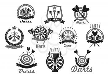 Darts vector icons set of dartboard and arrows. Emblems of dart game winner cup awards, trophy heraldic laurel wreath, crown and victory ribbons and stars for sport or club team game championship or c