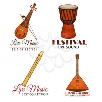 Music festival icons or vector emblems of live concert. Musical instruments balalaika, flute or reed pipe, djembe or jembe goblet drum, lute and biwa or gadulka fiddle for ethnic or folk music fest