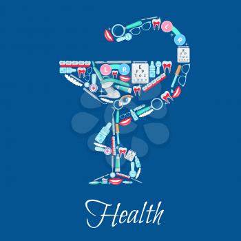 Health poster of Hygieia Bowl and snake symbol of vector dentistry and ophthalmology medical items dentist mirror and chair, dental braces, eye drops, scalpel and syringe, glasses lens, tooth paste an