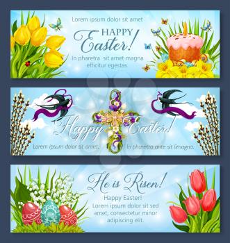 Happy Easter greetings banner template set. Easter egg and cake, cross with flowers and flying swallow bird cartoon poster, adorned by tulip and narcissus flowers, willow tree twig and butterfly