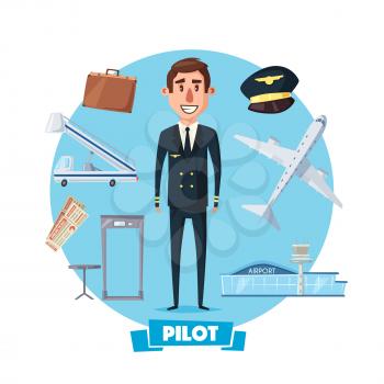 Pilot man in uniform and flight or airplane vector items. Aircraft crew profession character with captain hat, travel suitcase and tickets, airport passenger ladder and security check scanner