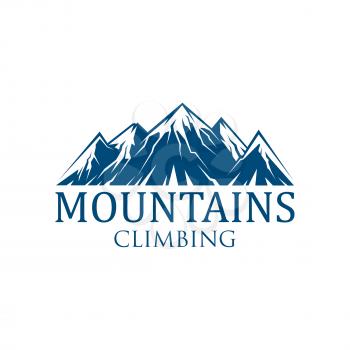Climbing mountain sport vector icon for mountaineering or hiking tourism. Alpine rocks and mount snow peaks emblem for climber or explorer expedition adventure or camping trip