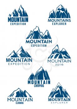 Climbing or mountain hiking sport vector icons for mountaineering adventure trip or Alpine explorer expedition and camping tourism. Emblems set of blue Alp rocks or mount and snow peaks