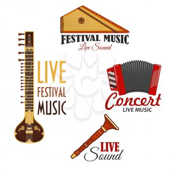 Live music concert or festival vector icons. Set of musical instruments emblems of gusli harp and flute pipe, accordion or bayan harmonic, lute or biwa or koto