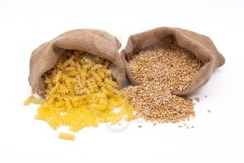 Sacks of wheat grains and pasta