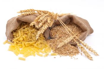 Sacks of wheat grains and pasta 