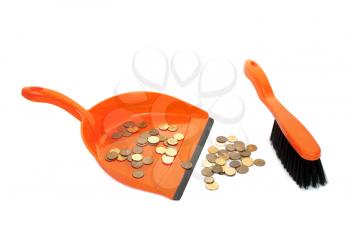 Royalty Free Photo of a Dust Pan Full of Coins With a Hand Held Broom for Scooping 