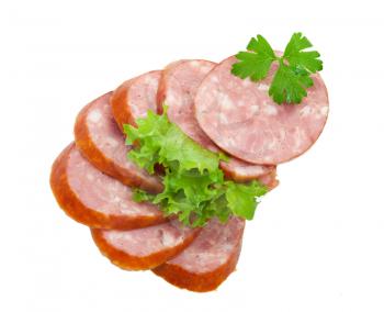Royalty Free Photo of Slices of Sausage With Lettuce and Parsley
