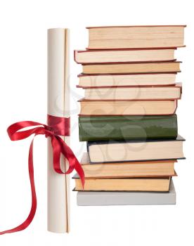 Diploma with red ribbon and books 