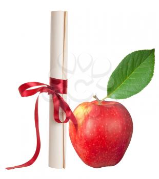 Graduation diploma scroll with red apple