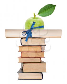 Diploma with blue ribbon and books