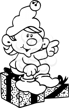 Royalty Free Clipart Image of an Elf Sitting on Gifts