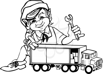 Royalty Free Clipart Image of an Elf With a Toy Truck