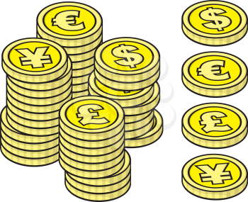 Royalty Free Clipart Image of Stacks of Coins in Different Currencies