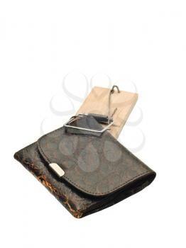 Danger - wallet or purse in mousetrap over white