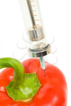 GMO - pepper with sticked aged syringe on white