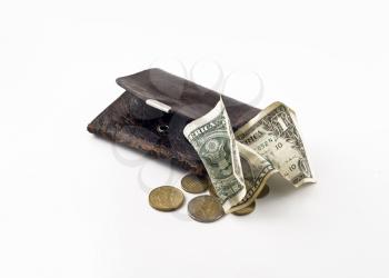 Recession - Rumpled dollar, shabby wallet and change