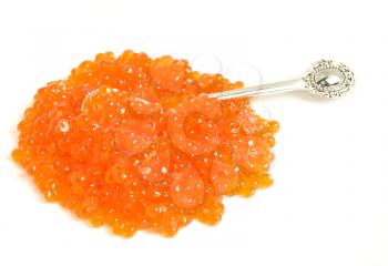 Luxury delicatessen. Red caviar and silver spoon on white