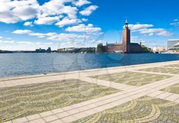 Stockholm city hall and quayside in summer