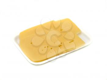 Tasty sliced cheese in vacuum packing over the white background