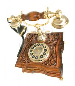 Conversation. Top side view of antique telephone with isolated (wide-angle shot)